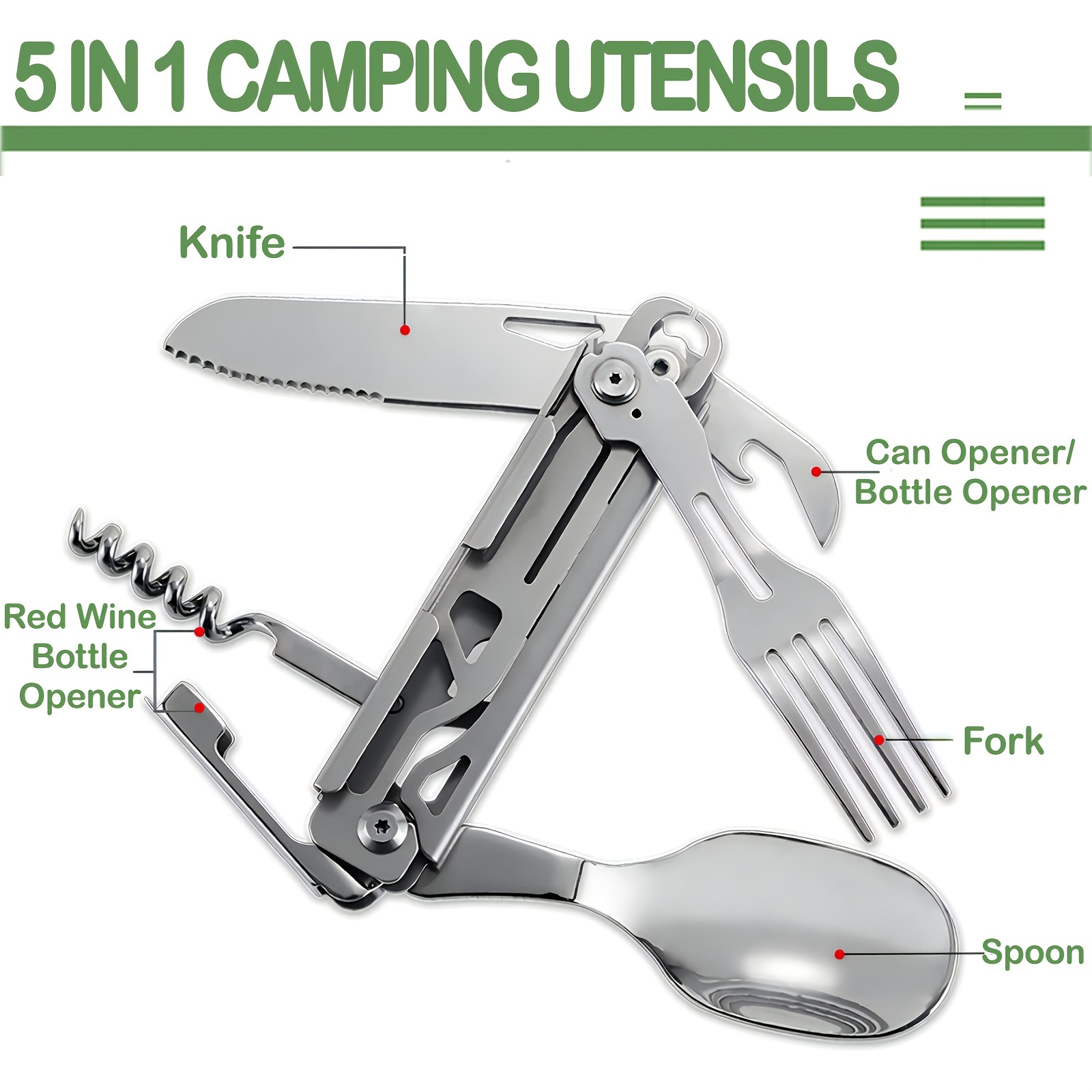 5 in 1 Multitool Stainless Steel Fork Spork Picnic Camp Multi Tool