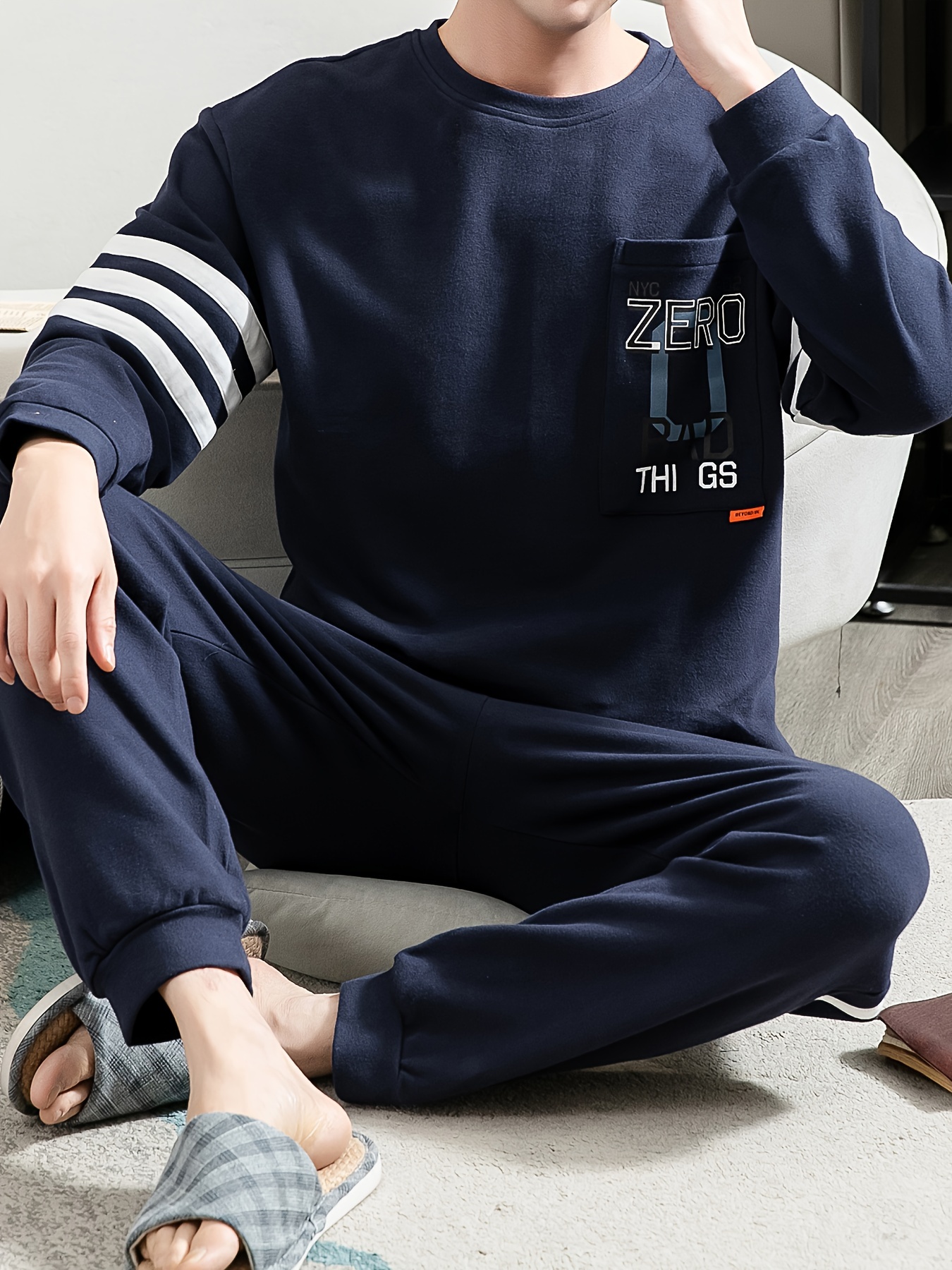 Men's Simple Style Casual Cotton Pajamas Sets, Letter Graphic Print Long Sleeve Crew Neck With Chest Pocket Top & Loose Pants Lounge Wear, Outdoor Sets For Spring Autumn