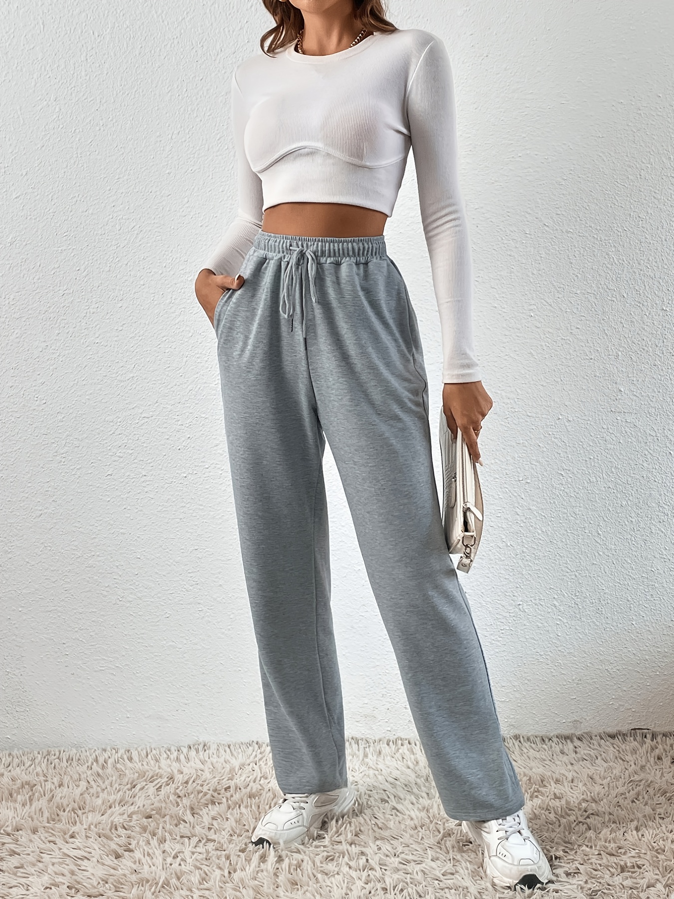 Women's Drawstring Elastic Sweatpants, Casual Solid High Waist Sweatpants,  Casual Every Day Pants, Women's Clothing