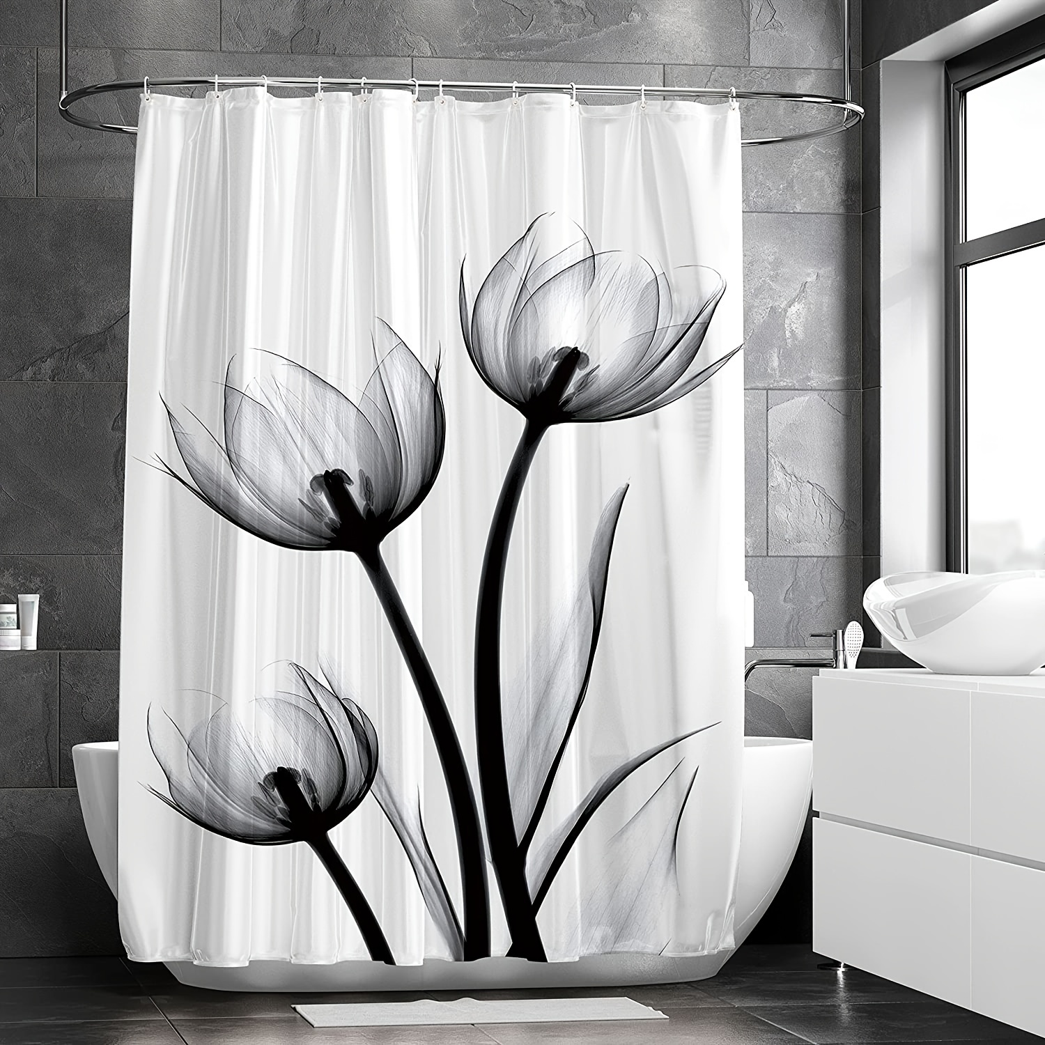 Buy 1pc Black & White Shower Curtain with Elegant Watercolor Tulip Floral Fabric from Our Store