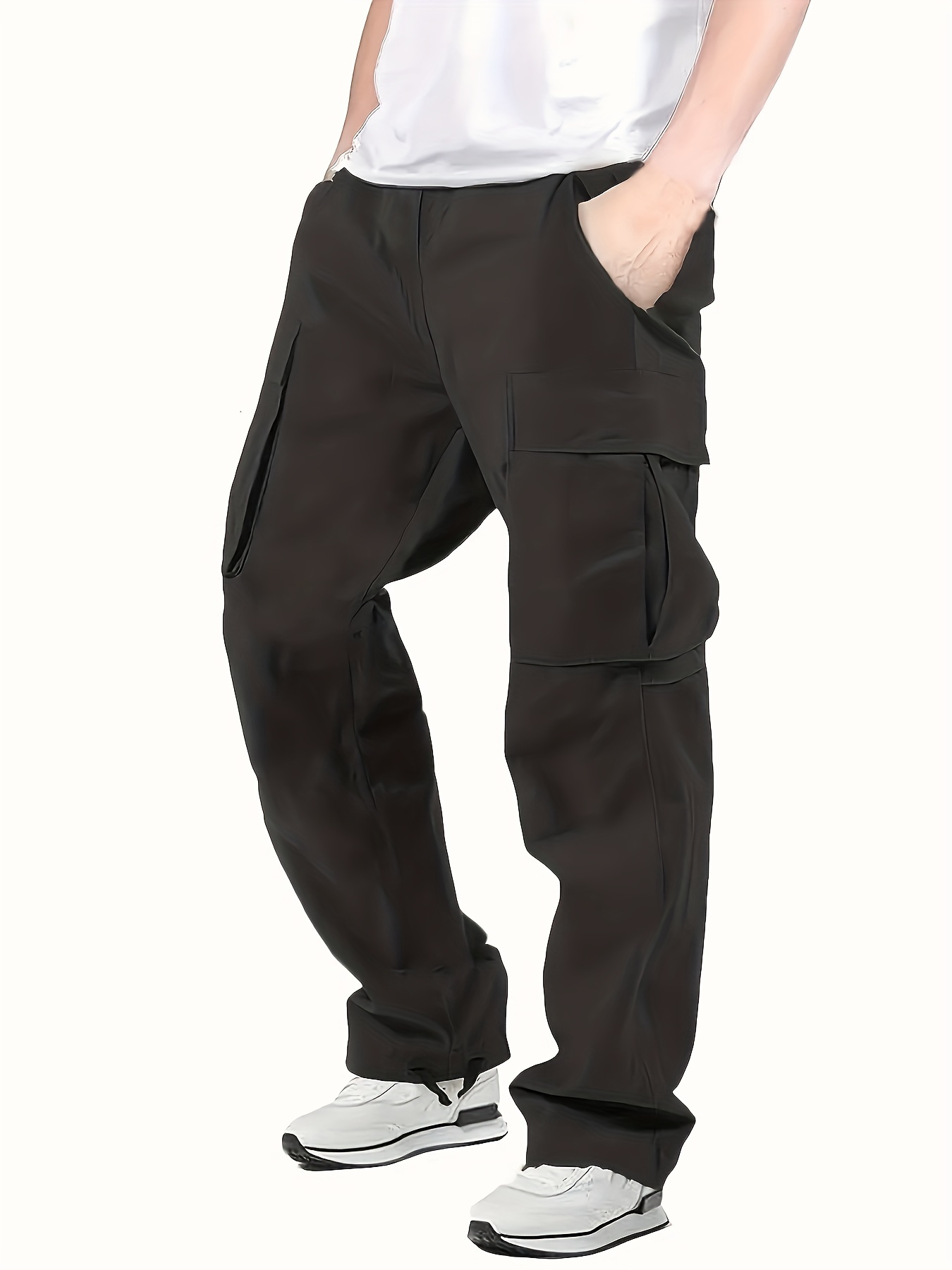 Mens Flap Pocket Cargo Pants Casual Relaxed Fit Mid-Waist Solid  Multi-Pocket Straight Leg Loose Pant