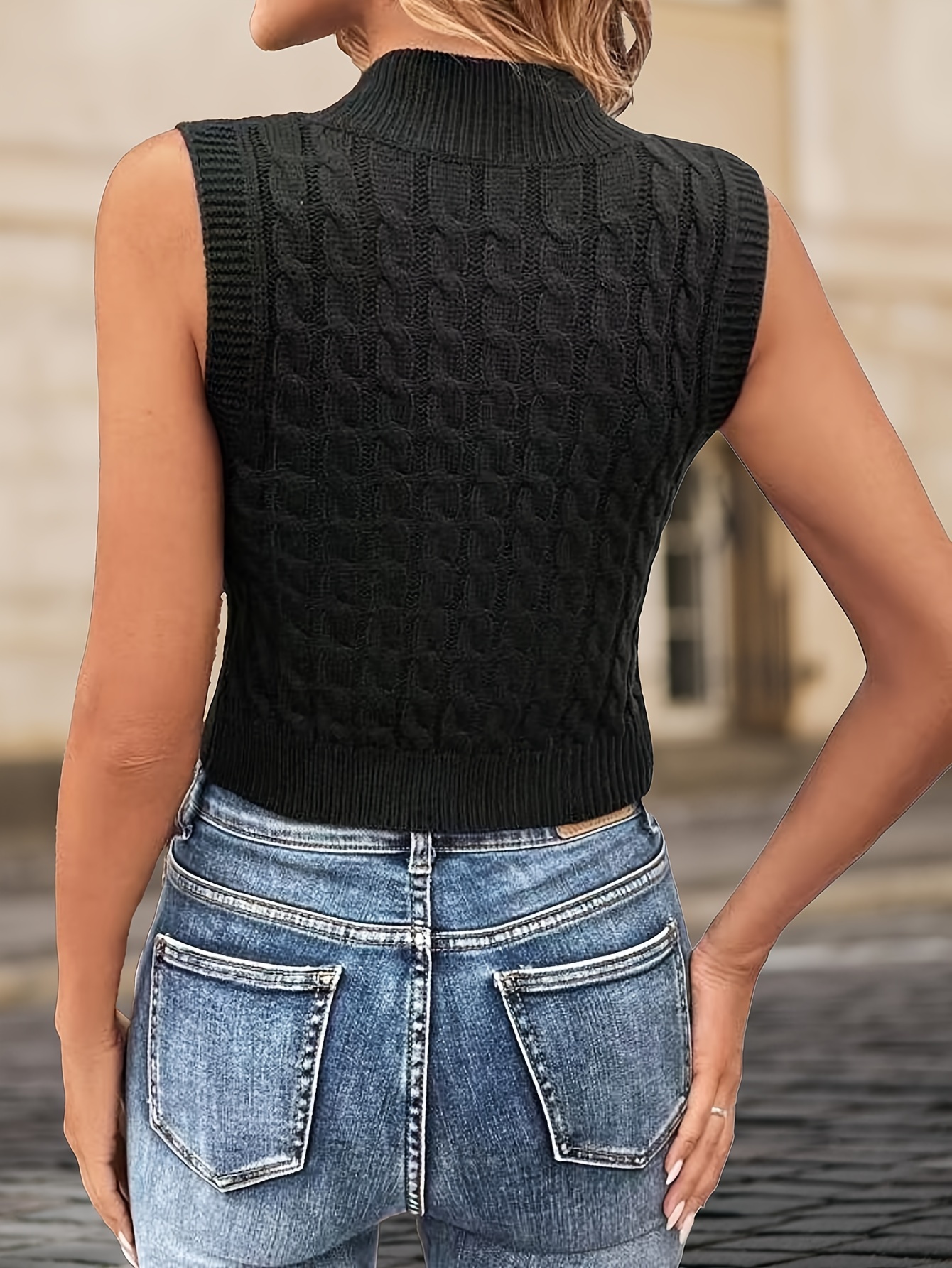 Zip Cable Knit Top Casual Sleeveless Tank Top Spring Fall - Temu