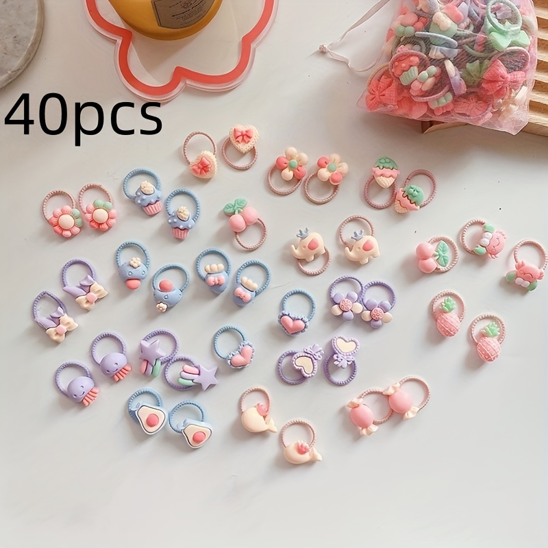

40pcs Cute Colorful Bowknot Fruits Decor Girls Hair Ties, Princess Hair Accessories