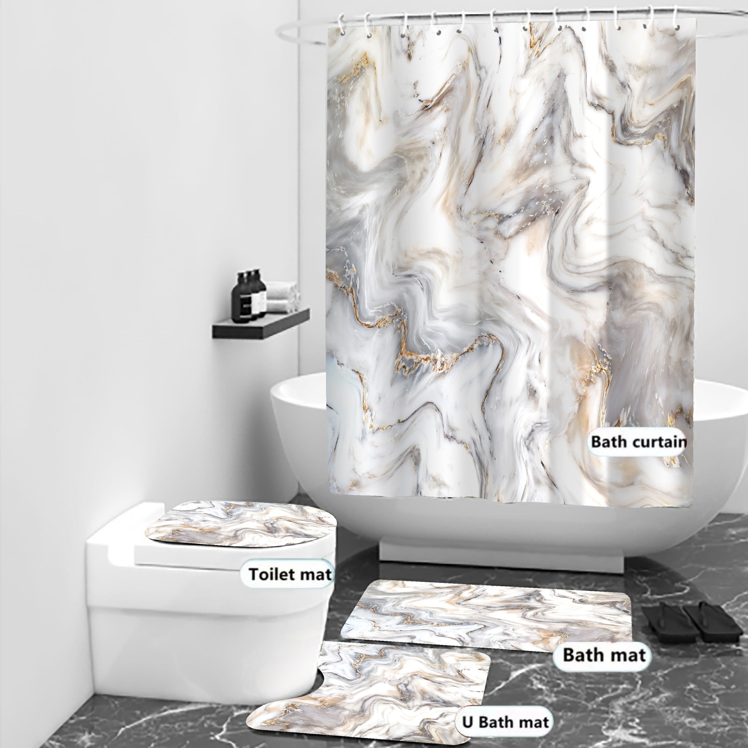 Bathroom Sets Rugs Shower Curtain Marble Pattern Shower - Temu