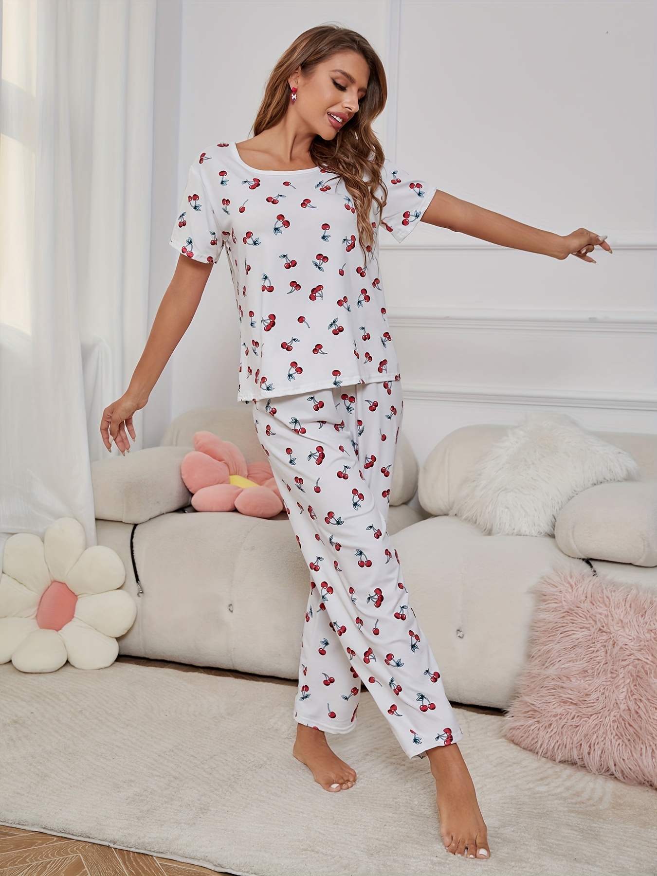Oarencol Cute Cherry Women's Pajama Pants Red Polka Dot Sleepwear