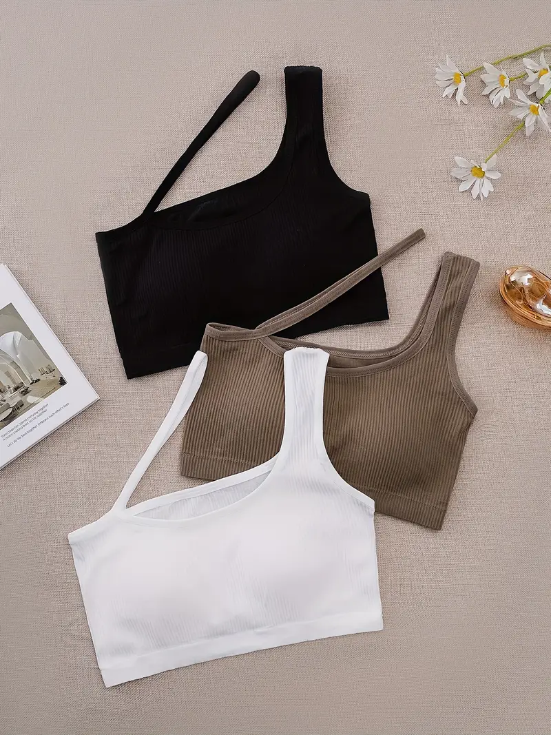 3pcs threaded small camisole women's inner and outer wearing fixed cups  with chest pads, bottom beauty back underwear, sports exercise bra, casual  chi