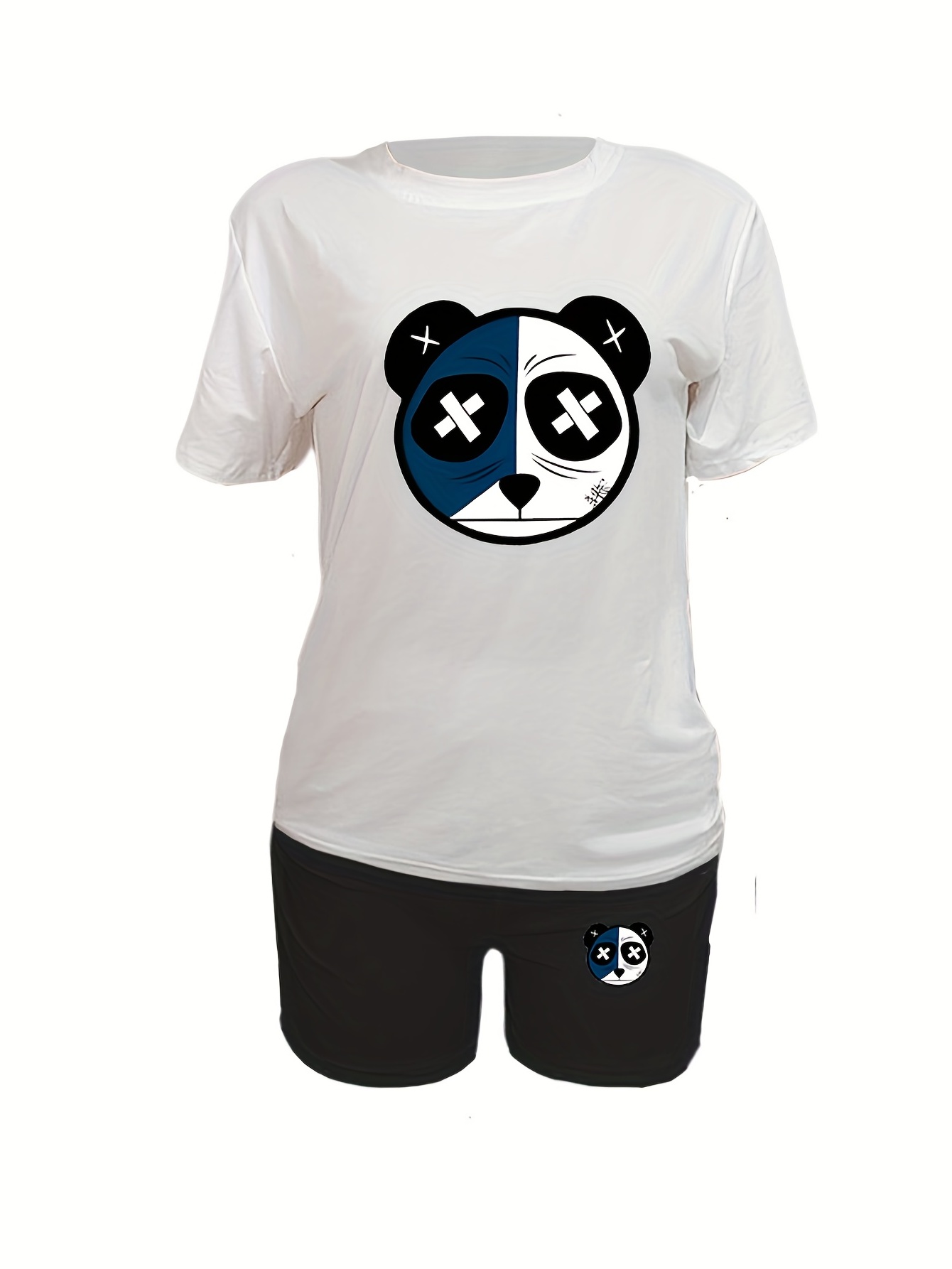 Cartoon Bear Print Two piece Set Short Sleeve Tops & Workout Shorts