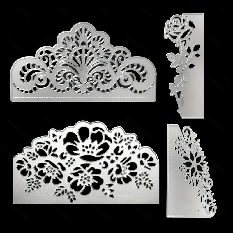 Image of 4pcs Lace Border Metal Die Cuts Assorted Flower Background Cutting Dies Birthday And Wedding Rose Die Cutting Template Greeting Cards Diy Mould Album Paper Cards Making
