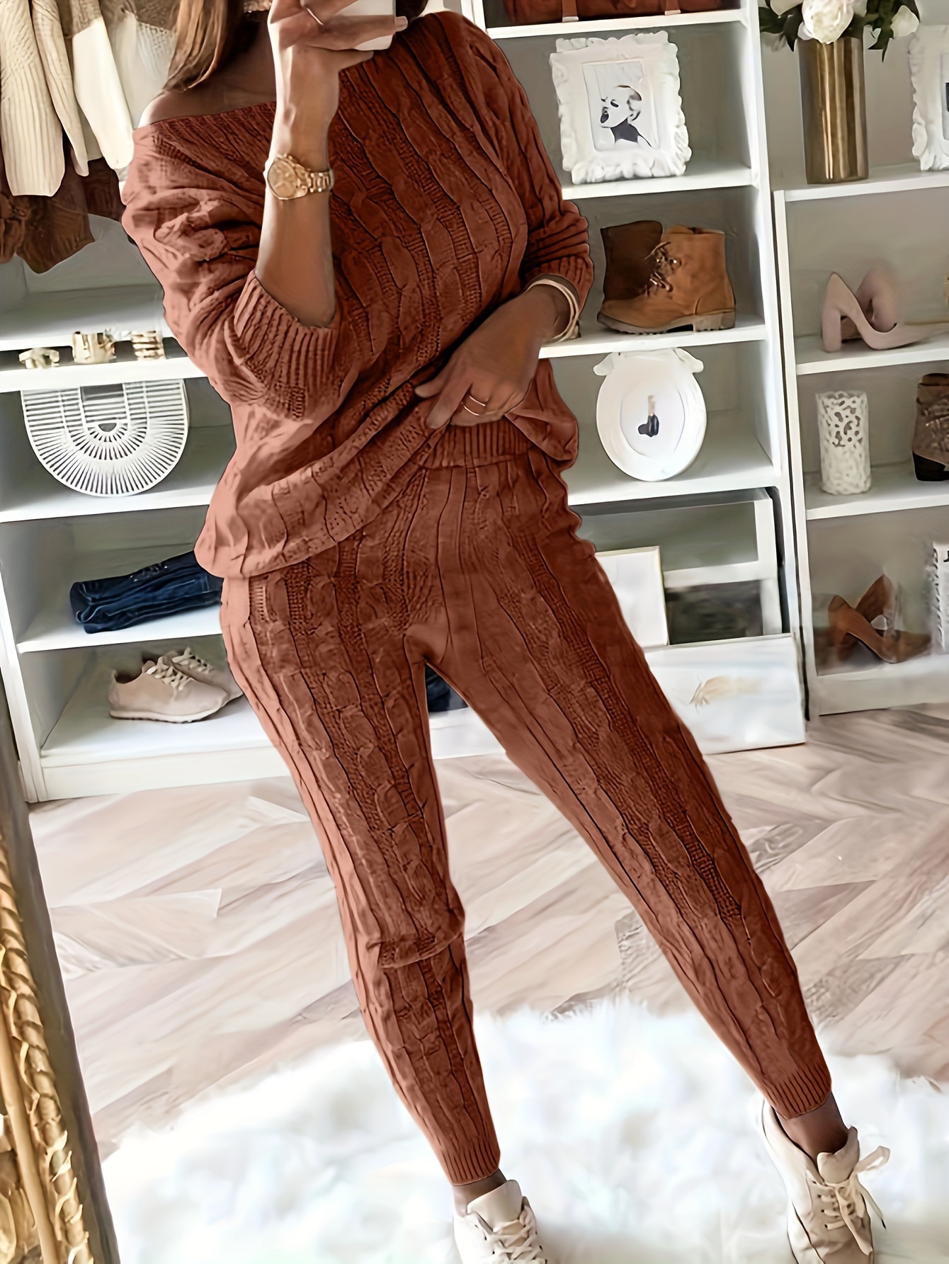 Sweater Sets for Women 2-Piece Outfits Solid Ribbed Crewneck Long