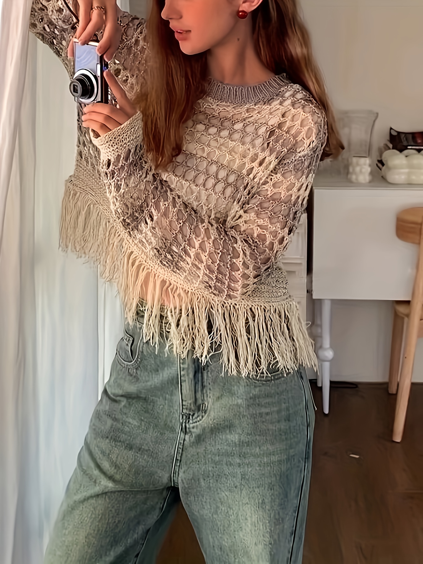 Cropped Boat Neck Knit Sweater Sexy Crochet Long Sleeve - Temu Canada