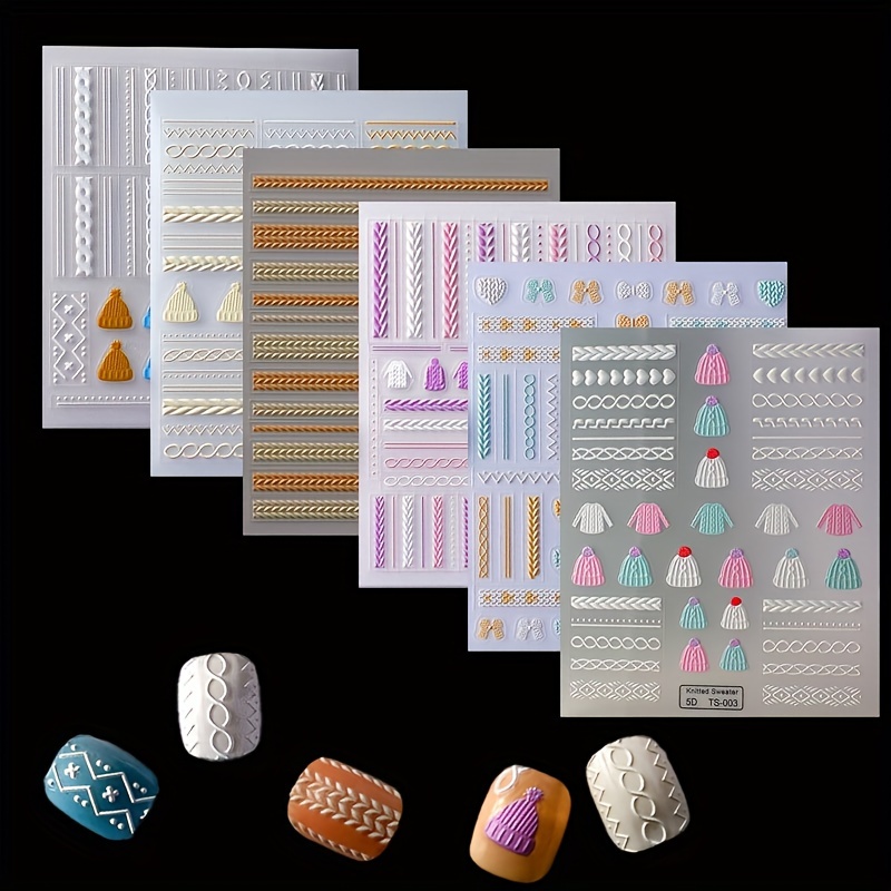 

[popular ] 6pcs 5d Embossed Cable Knit Nail Stickers, Waterproof Self-adhesive Sweater Nail Decals, Matte , Flash Accent