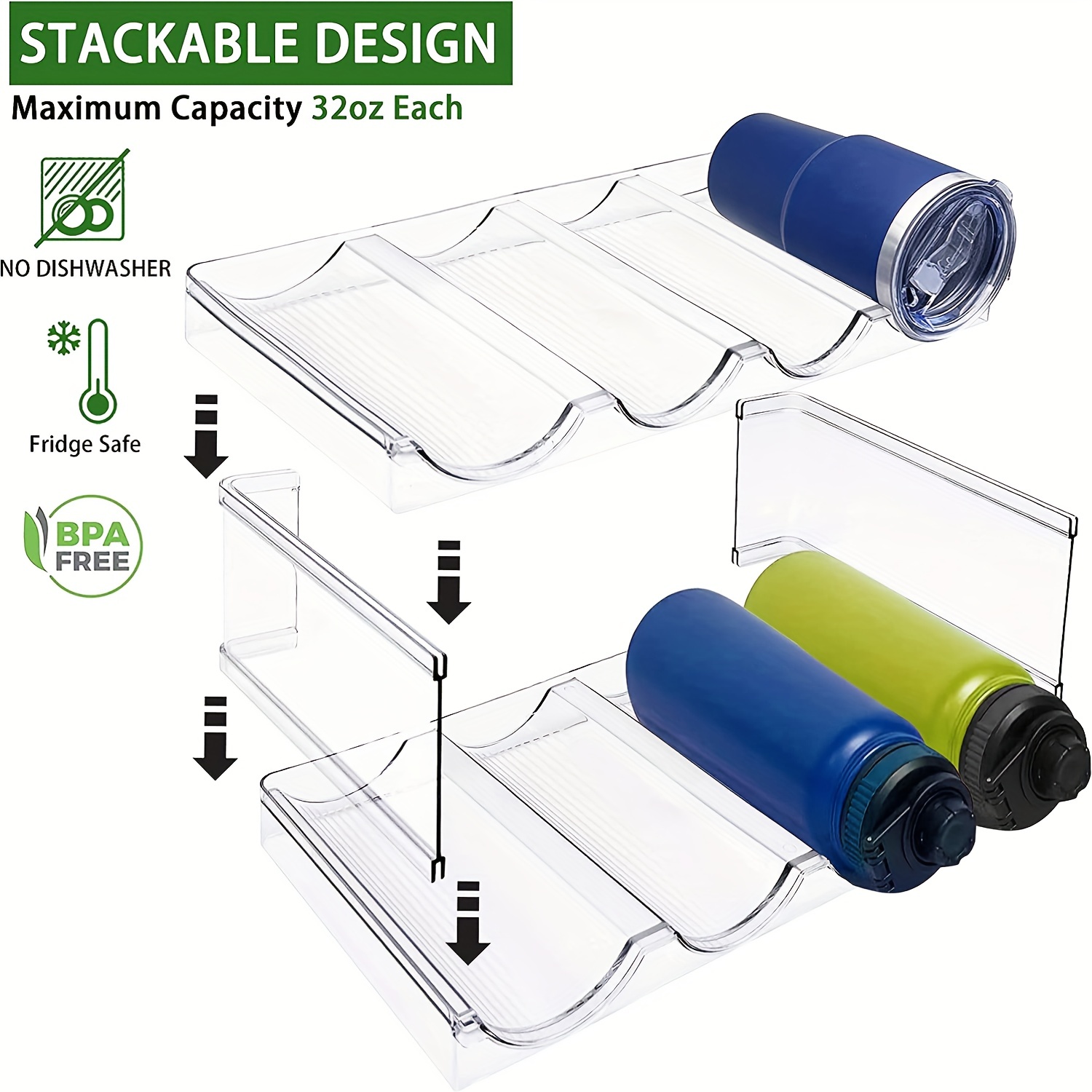 4 Packs Stackable Water Bottle Organizer for Cabinet. Water Bottle Holder  Rack for Kitchen Fridge and Pantry Organizer Storage, For Tumbler Travel  Cup,Blender Bottle, Thermoos, Metal, White