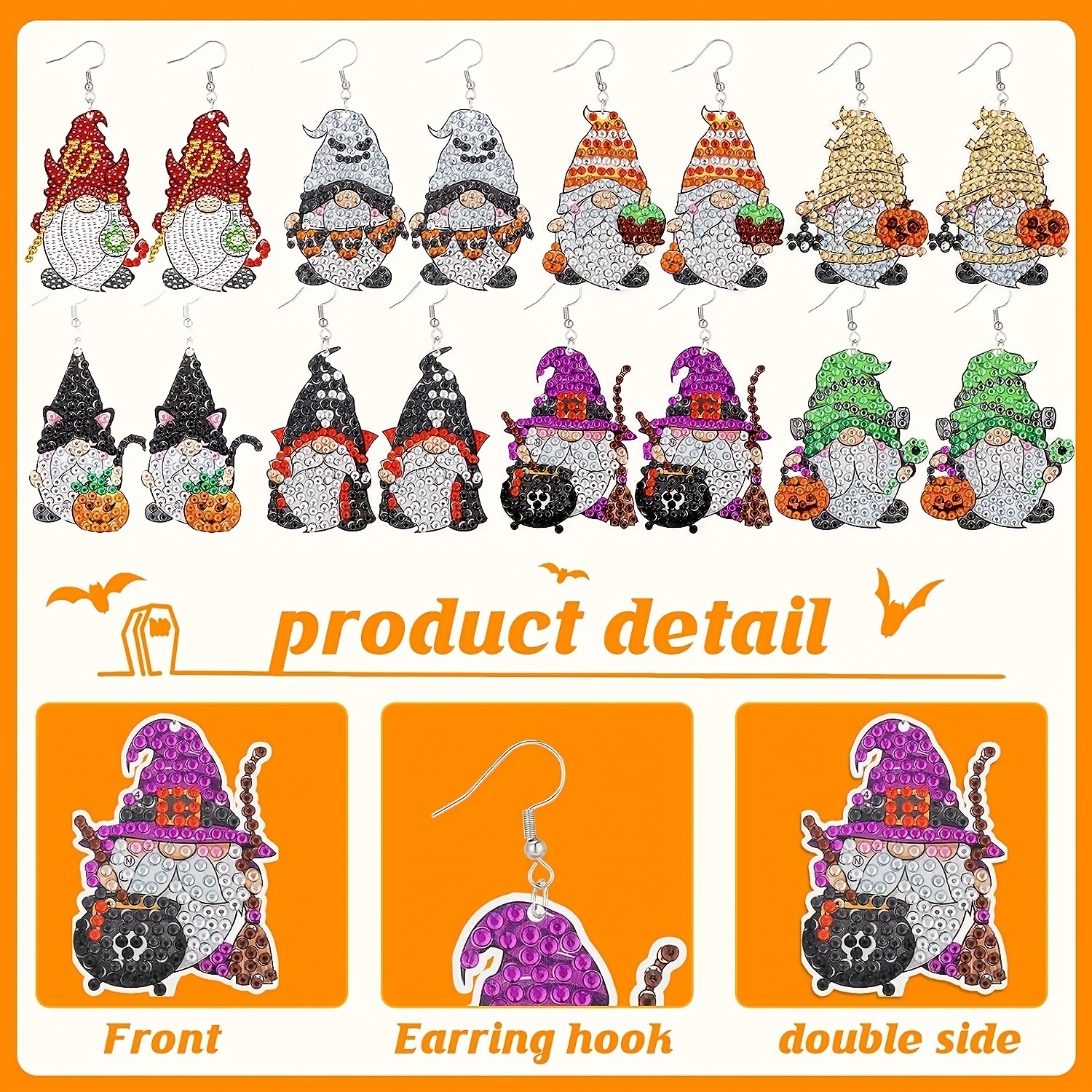 16pcs Halloween Gnome Diamond Painting Earring Making Kit DIY Diamond Art  Earring Kit Jewelry Making Kit Suitable For Adults Women Craft Decoration