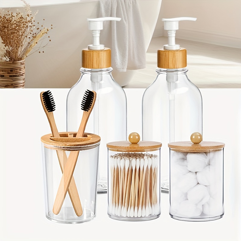 

Bathroom Accessory Set 5 Pcs, Bamboo Bathroom Accessories Sets Complete, Clear Bath Soap Dispenser And Toothbrush Holder Set, Boho Bathroom Counter Decor, Qtip Cotton Ball Cotton Pads Holder