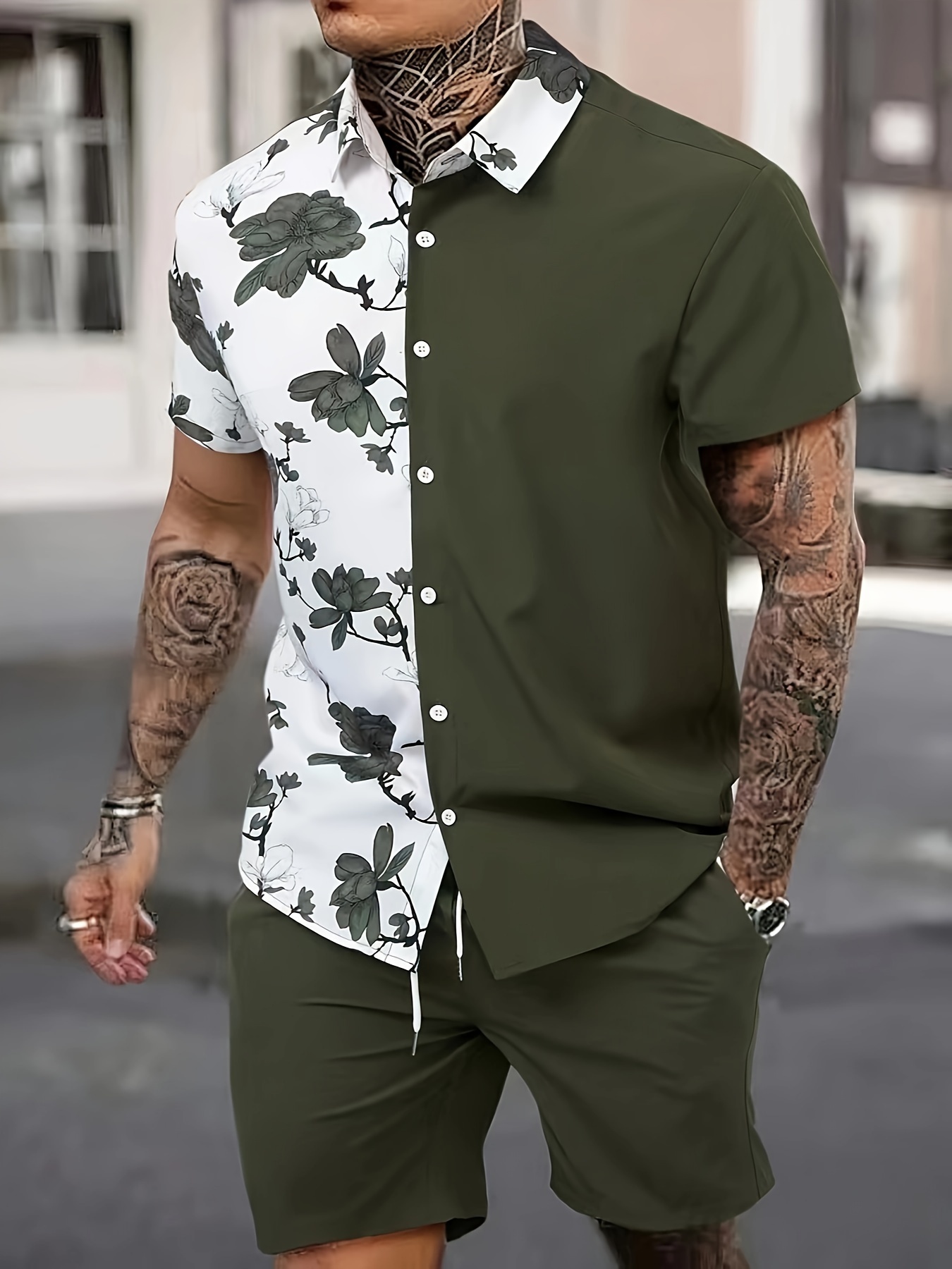 Summer Men Lapel Neck Floral Printed Outfit Short Sleeve Shirts+Shorts 2Pcs  Set