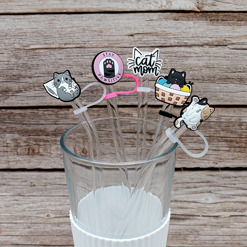 10Pcs Cat Straw Covers Cap Tumbler Straw Topper Cute Silicone Straw Tips  Reusable Drinking Straw Lids for 6-8mm Straws