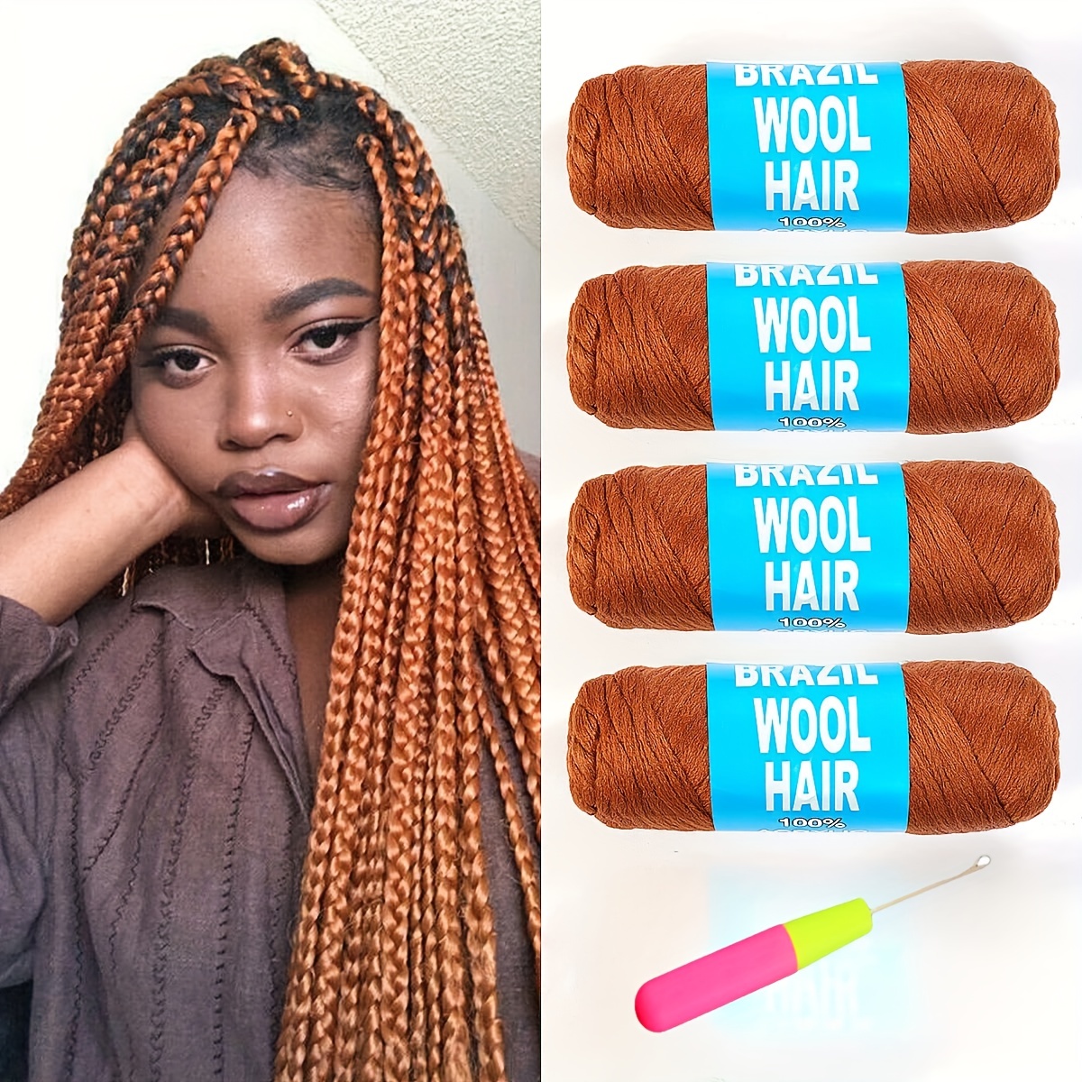 4Packs Brazilian Yarn Wool Braiding Hair Acrylic Thread with Free Crochet Hook, Afro Braids Synthetic Hair Extension,Hair Products,Temu
