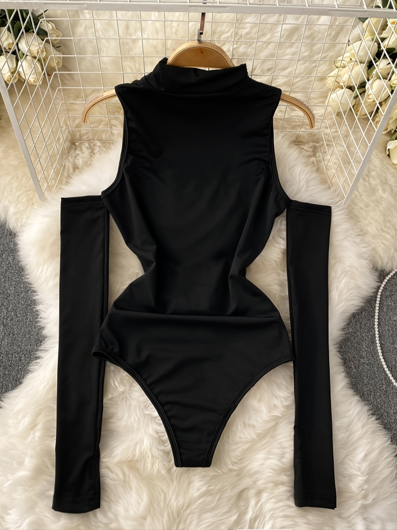 Solid Notched Neck Bodysuit, Casual High Cut Long Sleeve Bodysuit, Women's  Clothing