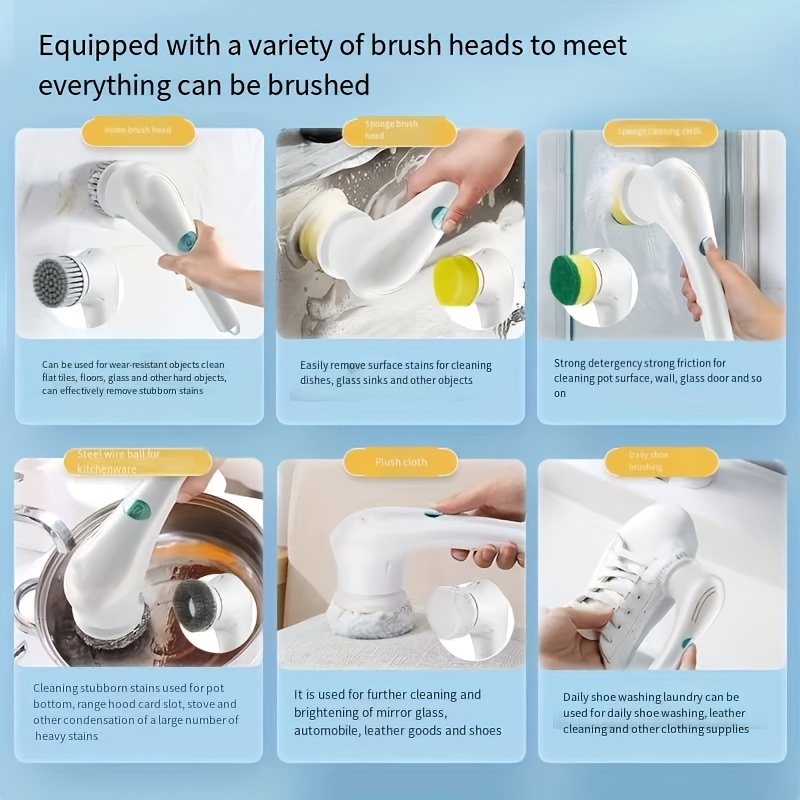 1pc Multifunctional Electric Cleaning Brush For Kitchen, Wall, Shoe Cleaning  With 5 Brush Heads