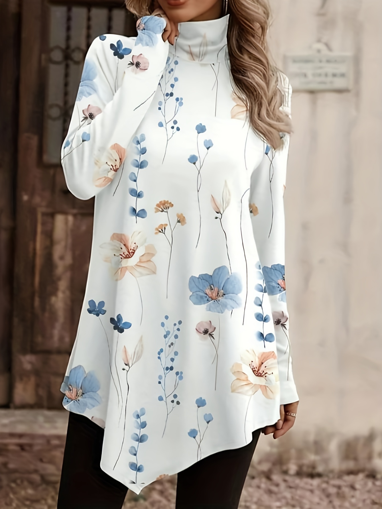 Floral Print High Neck Tunics, Casual Long Sleeve Tunic Tops, Women's  Clothing