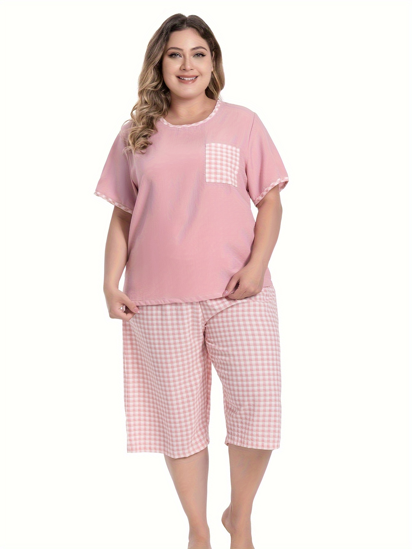 Casual Plaid Pajama Set Shorts Sleeve Round Neck Tops Shorts - Temu