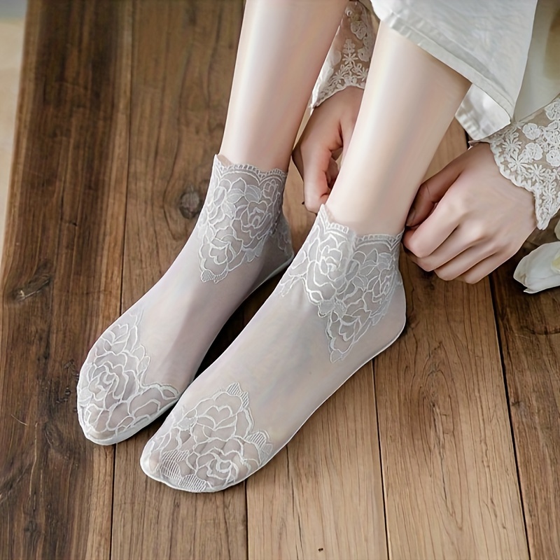 Women's Thin Lace Socks Breathable Floral Non-slip Ankle Socks Summer Cool