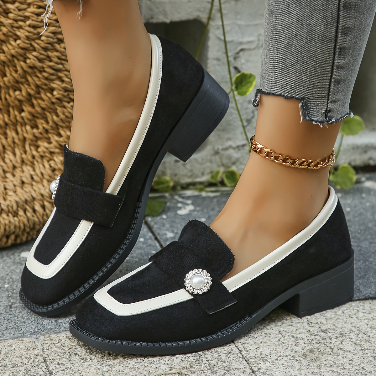 women s contrast color chunky low heel shoes elegant