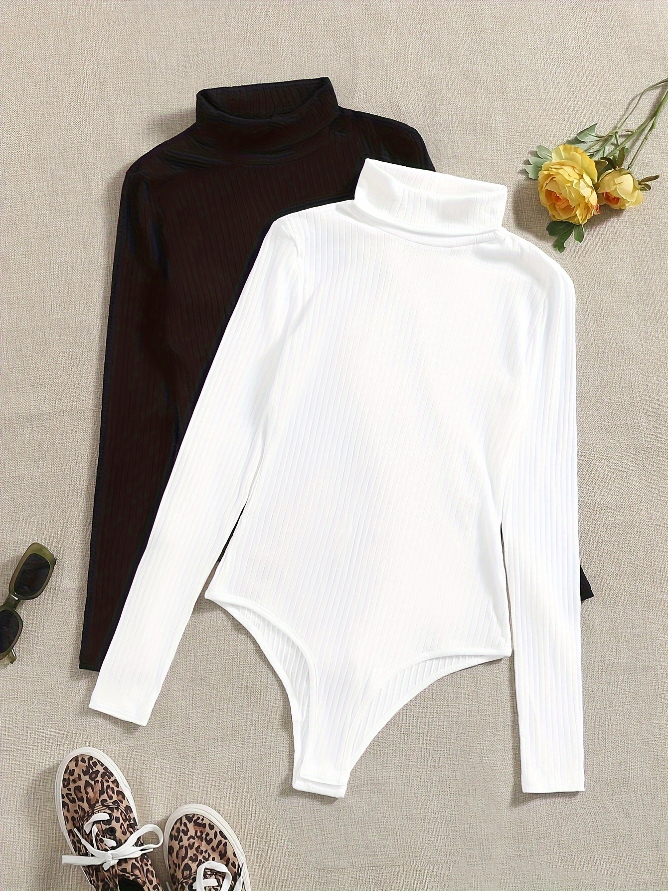 Fashion Ladies Long Sleeve Bodysuits Tops - Black & White