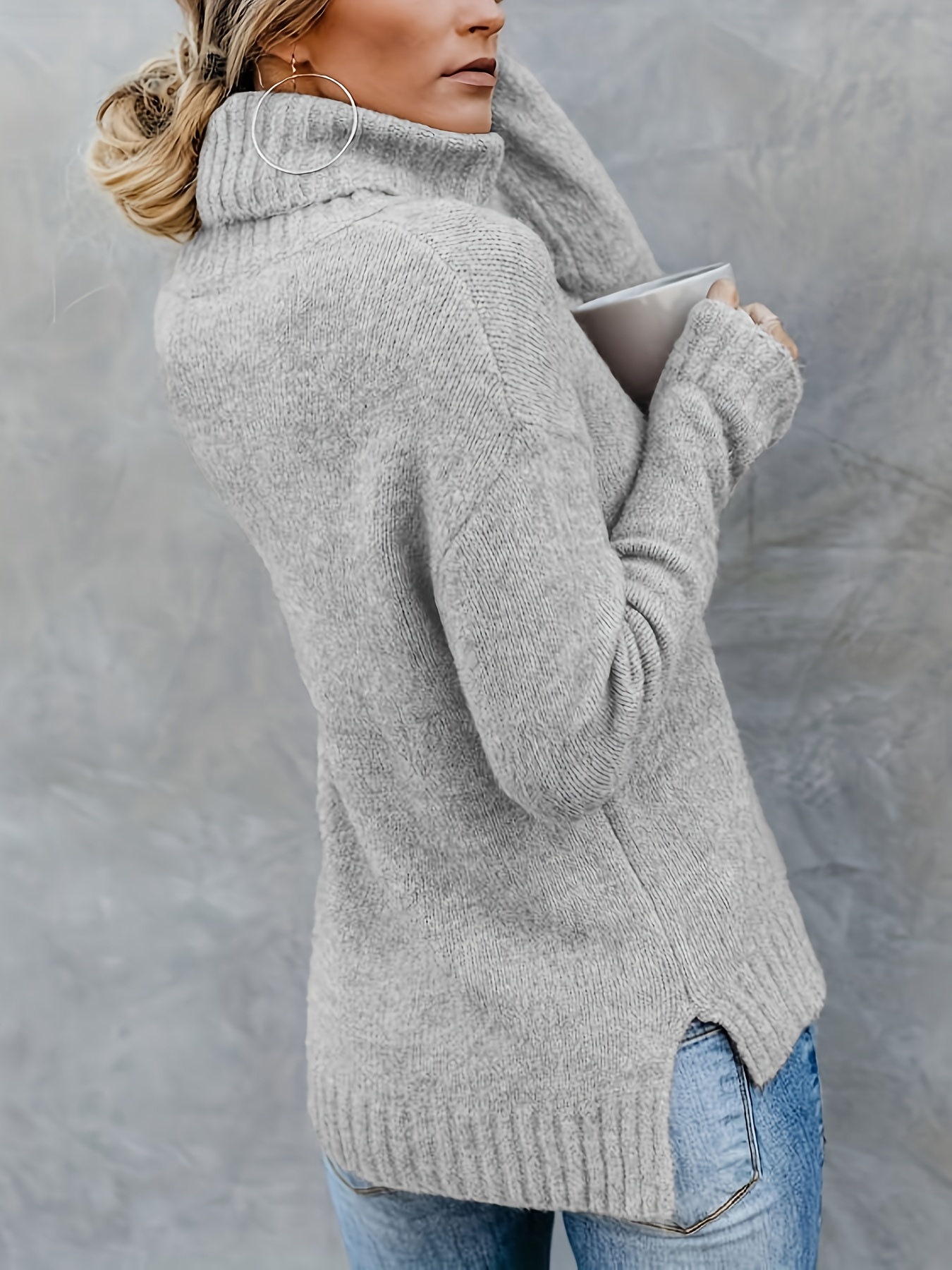 Jersey Cuello Alto Sólido Suéter Manga Larga Casual Dividido - Temu