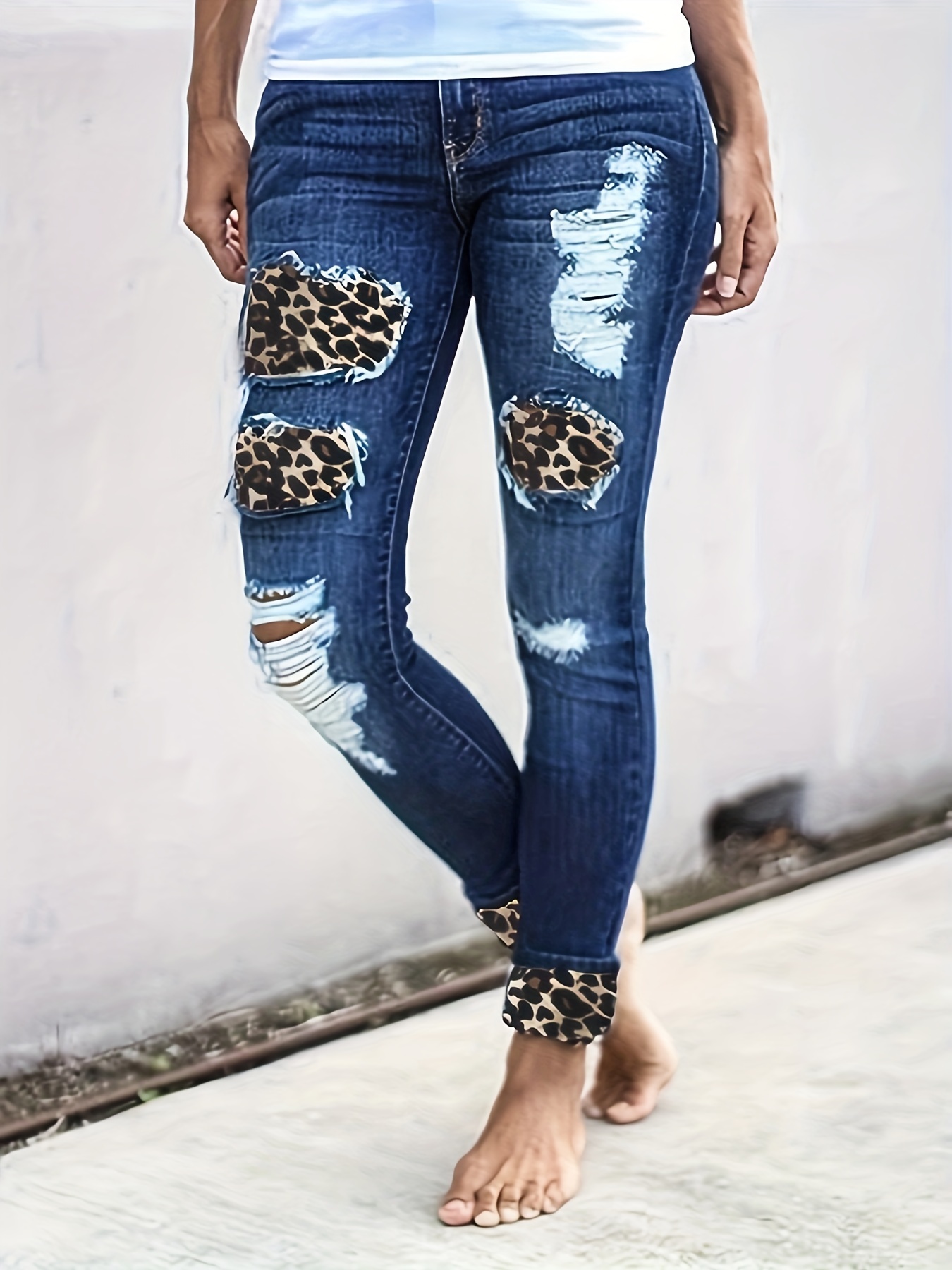 Colorblock Leopard Print High Rise Skinny Jeans