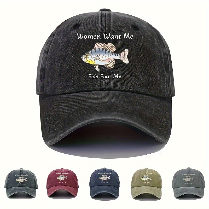 Fish Slogan Embroidery Baseball Women Want Me Fish Fear Me Hat Solid Color Washed Distressed Dad Hats for Women Men,Temu