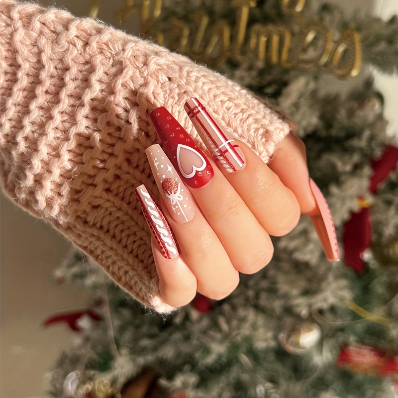 Temu 24 Pcs Golden & Red Starry Christmas Press On Nails Fake