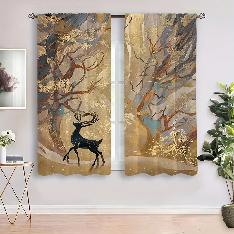 Golden Leaf Black Deer Printed Thickened Frosted Curtain Temu