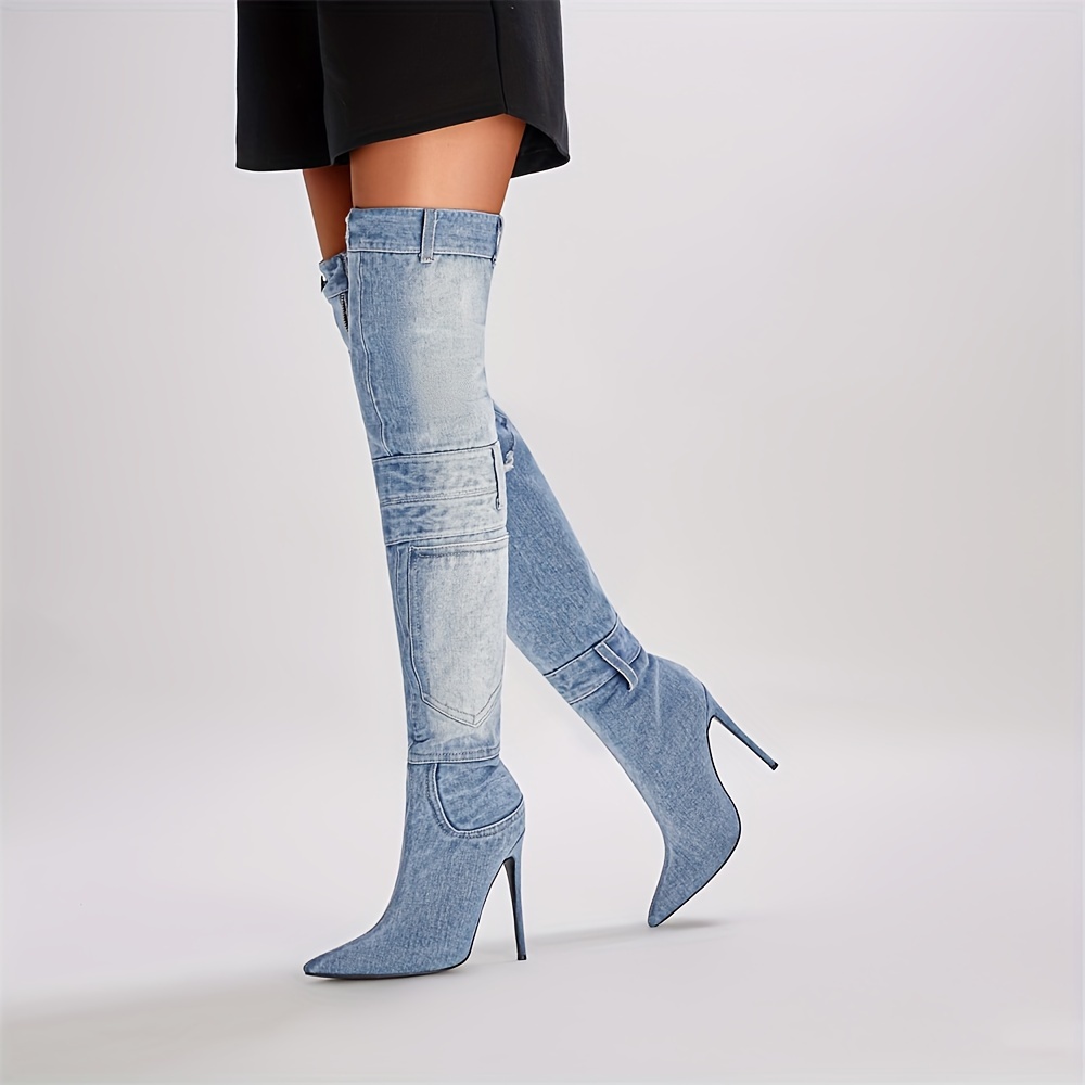 high heeled knee boots women s pointed toe stiletto denim details 5