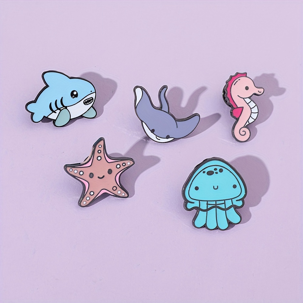 Cute Marine Animal Brooch Set Creative Shark Starfish Enamel - Temu