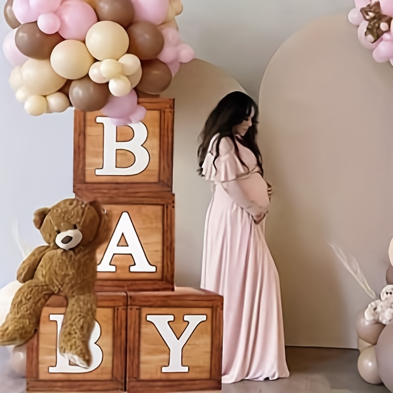  Cajas de baby shower para decoraciones de fiesta de cumpleaños,  4 bloques de madera de grano marrón con letras de bebé, letras impresas,  decoración de centro de mesa de primer cumpleaños