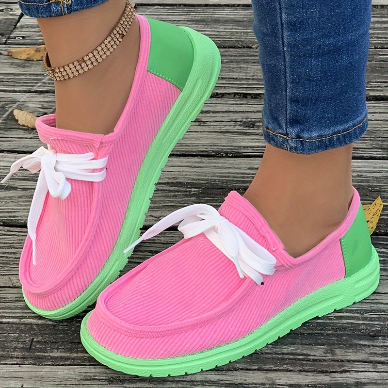 

Trendy Color Block Flat Non Slip Low Cut Skate Shoes, Breathable Lightweight Comfortable Canvas Sneakers, Casual Versatile Lace Up Boat Shoes Loafers Shoes