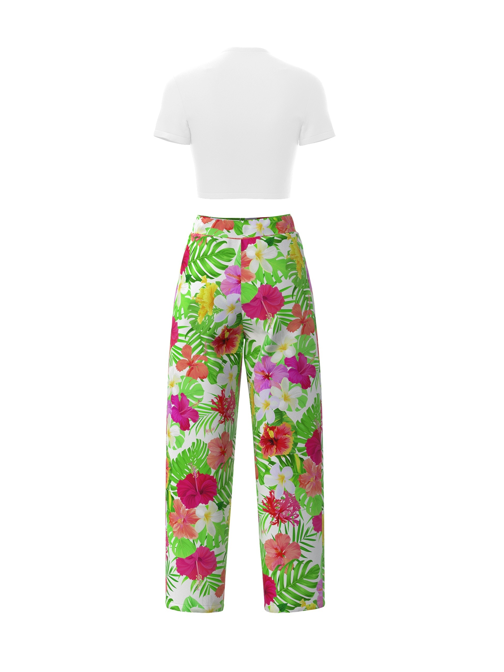 Rento yhteensopiva kaksiosainen setti, lyhythihainen Crop T-paita + kukkakuvioiset leveälahkeiset housut, naisten vaatteet