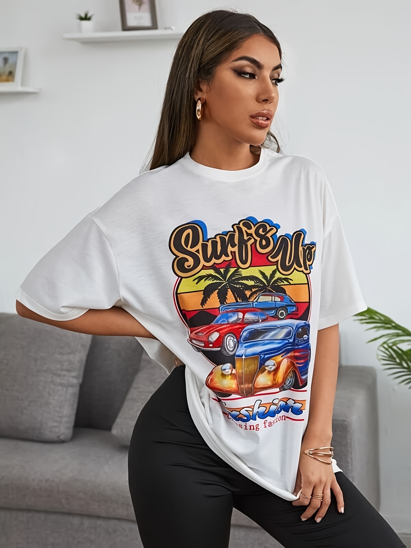 Car Graphic Tee Print Letter Loose Woman Tshirts New Color Short Sleeve  Casual Streetwear Women Top Oversized T Shirt Summer BF