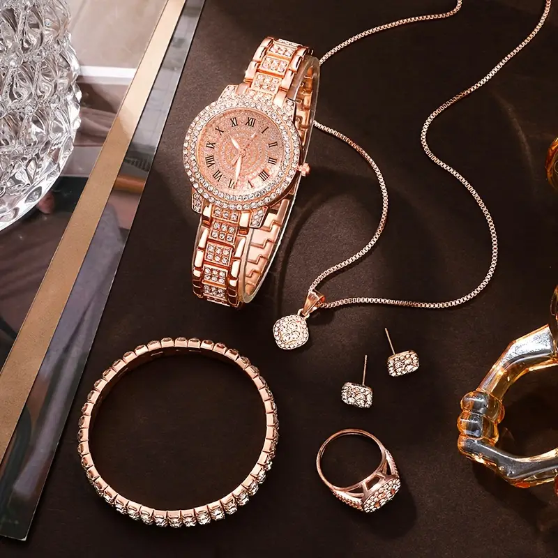 6pcs set womens watch luxury rhinestone quartz watch hiphop fashion analog wrist watch jewelry set gift for mom her details 3