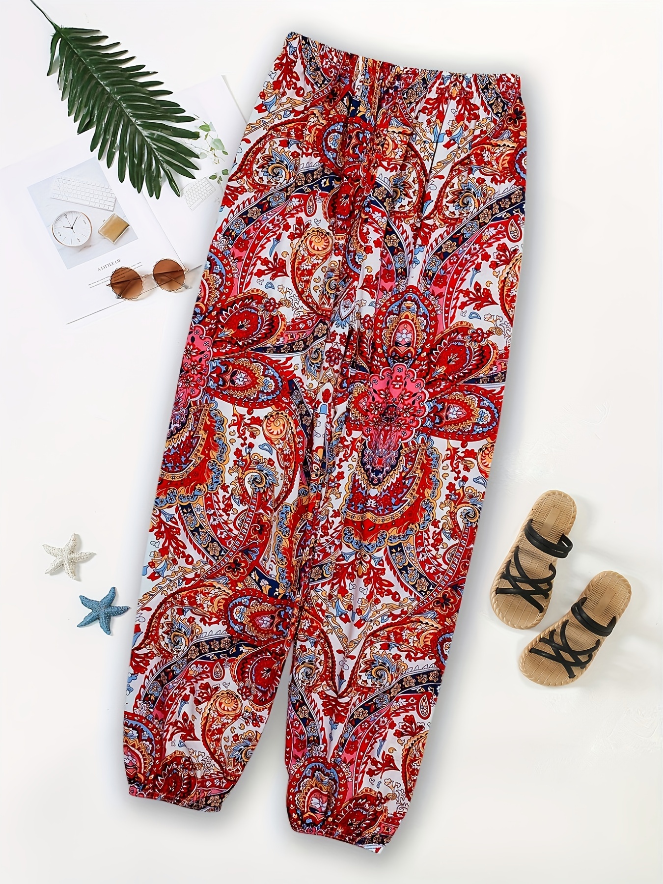 Ethnic Print Flared Leg Pants Boho High Waist Long Length - Temu