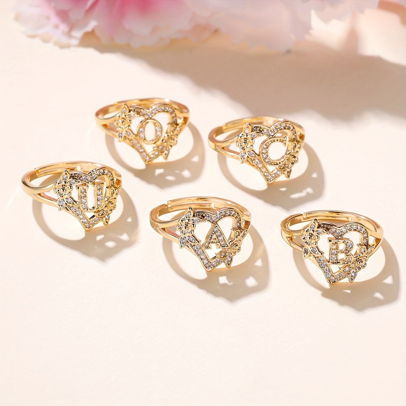 ANGOL Adjustable Cuff Ring for Women - Vintage & Boho Style, Golden-Tone with Floral and Letter Design, Perfect for Weddings and Parties, Gift for Her, Adjustable Jewelry, Boho Adjustable Ring