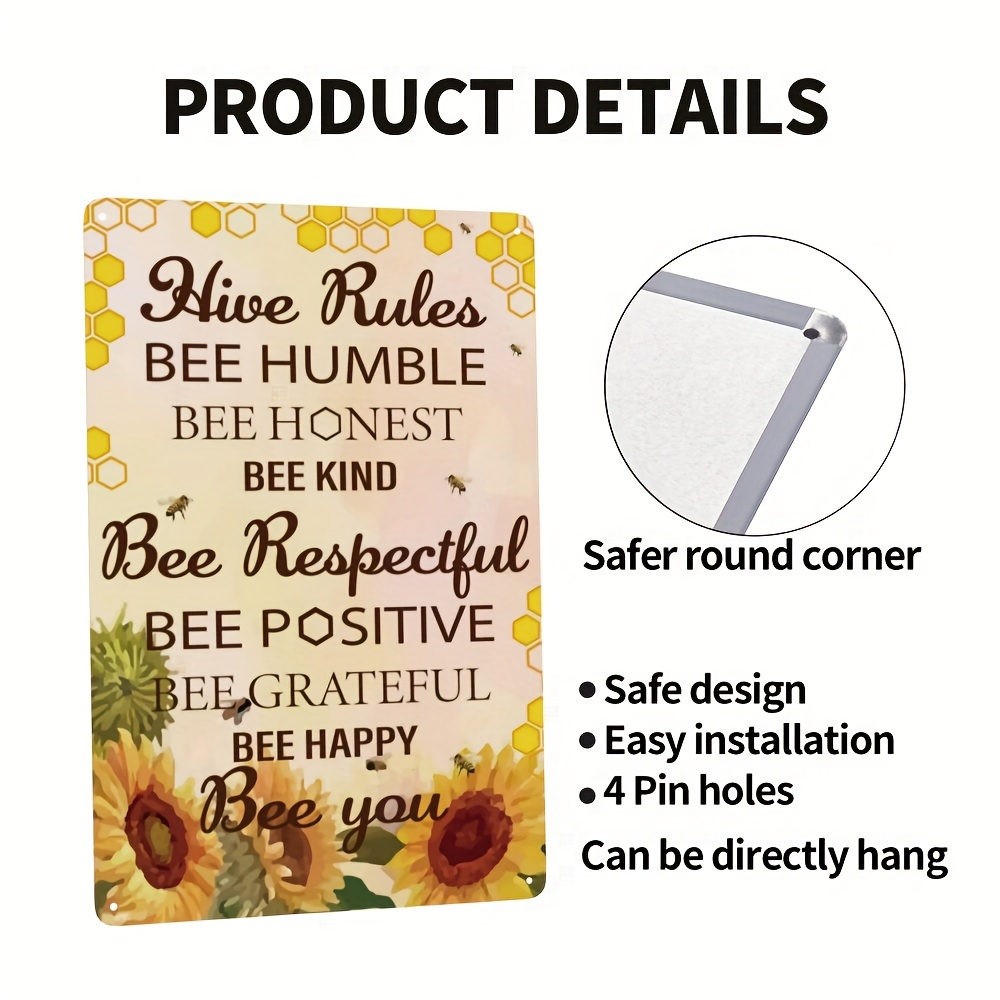 Positive Hive Rules Sunflower Quote Metal Tin Sign Wall Art Decor