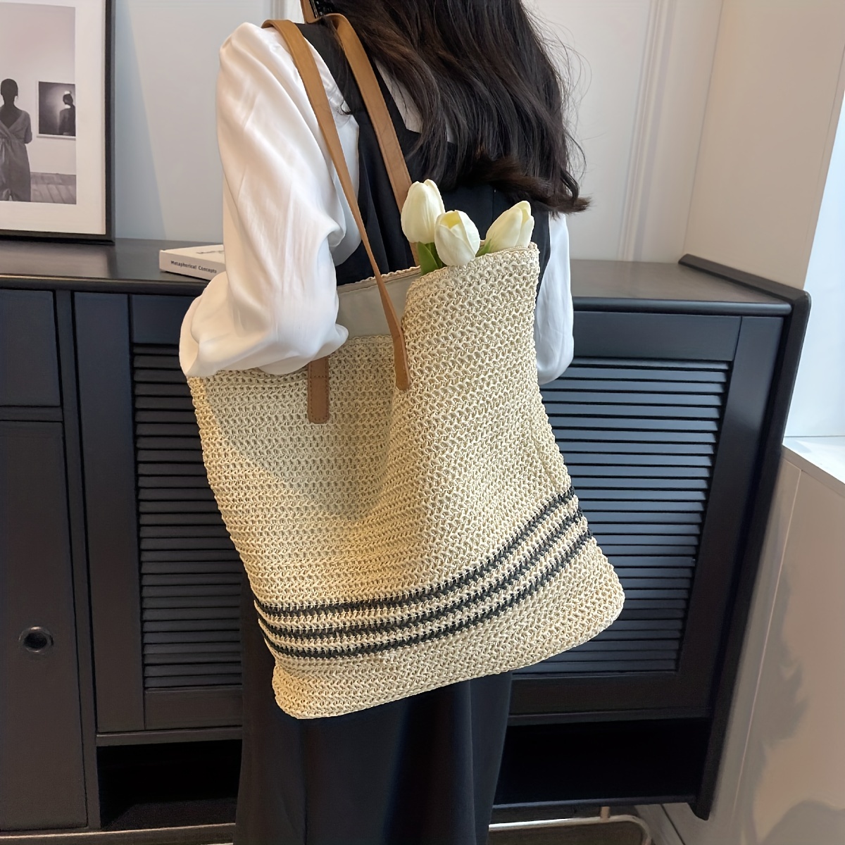 Large Capacity Simple Striped Canvas Shoulder Bag Womens Casual Shopping Bag  Literature Portable Tote Bag - Bags & Luggage - Temu