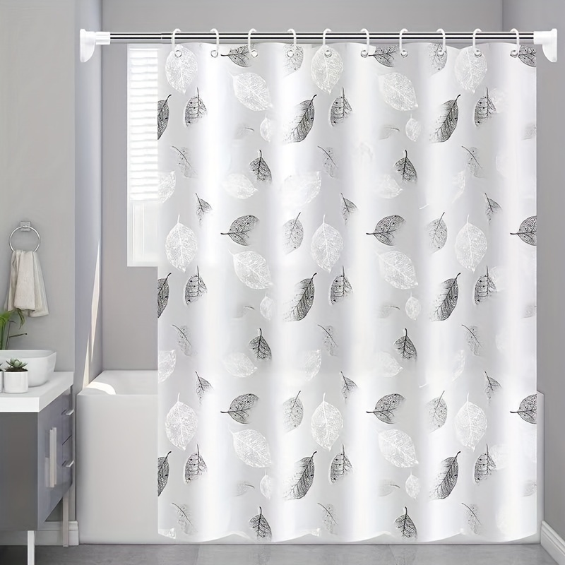 

1pc Waterproof Black And White Leaf Shower Curtain - Thickened Peva Fabric For Durability And Easy Installation - Perfect For Bathroom Decor And Accessories