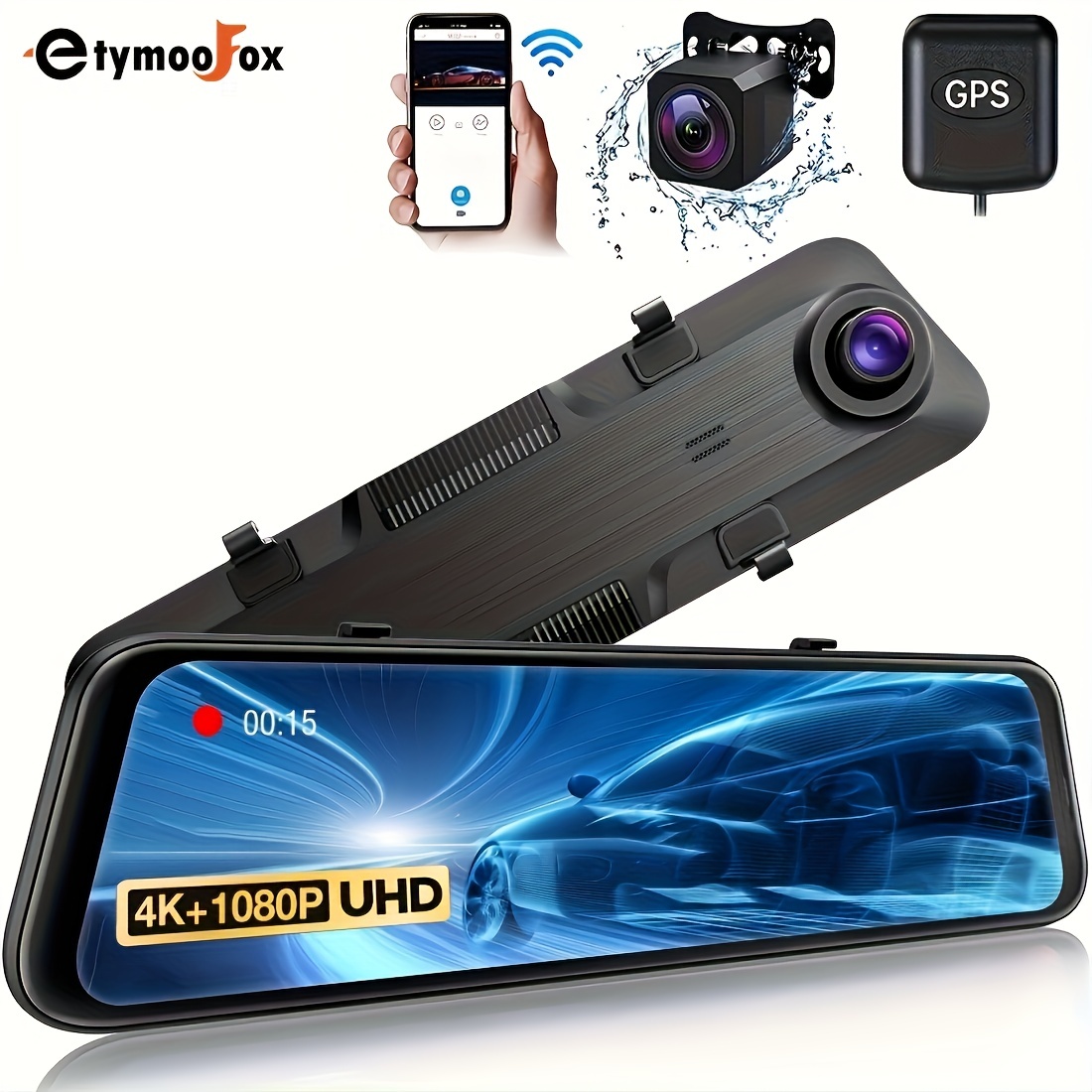 4K WiFi Mirror Car Dash Cam With GPS SD Card Rearview Dash Camera Front And  Rear, Touch Screen /G-sensor/loop Recording/parking Monitor/parking Guard