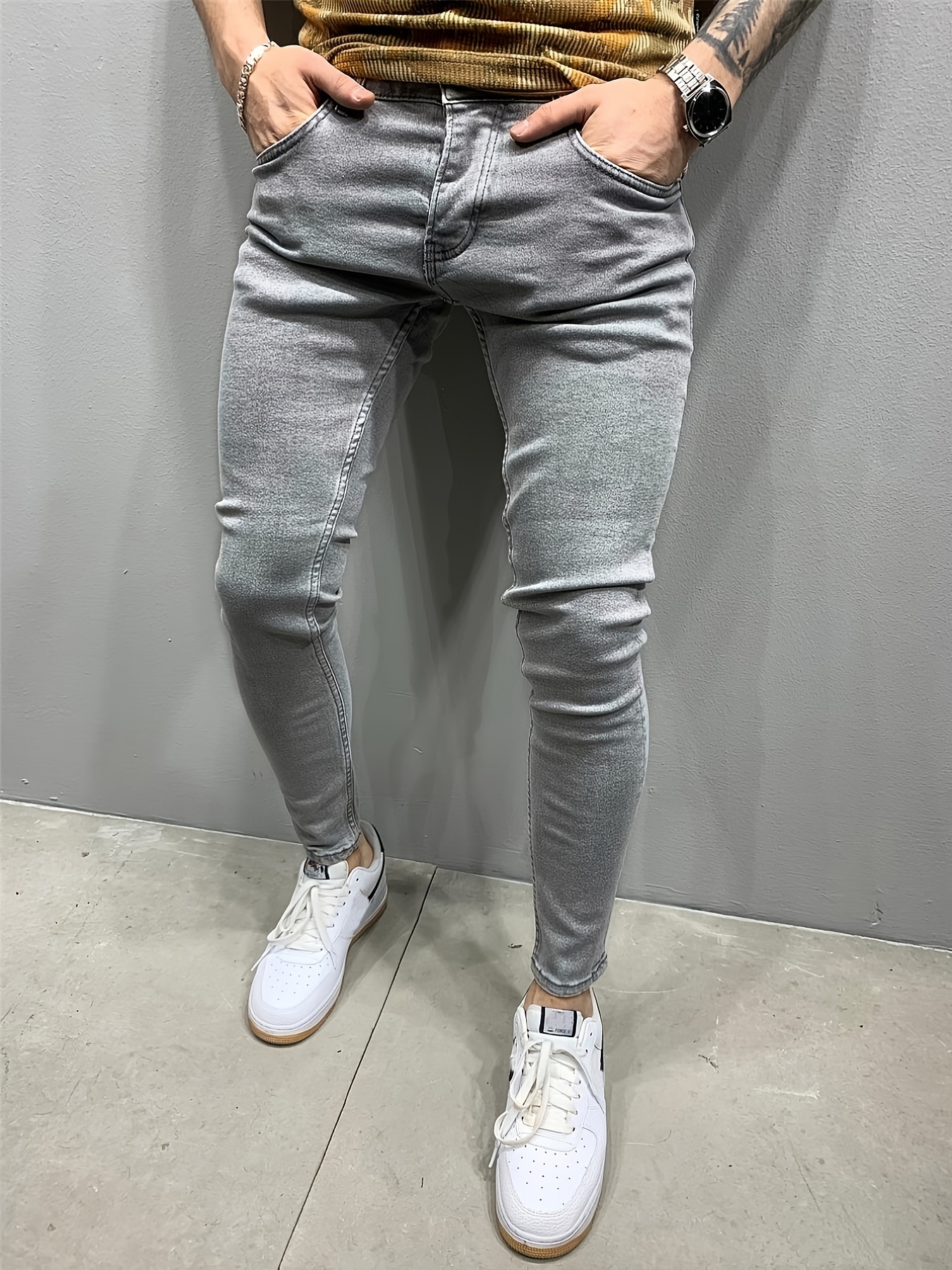 Men's Strech Skinny Slim Fit Grey Denim Jeans - Temu