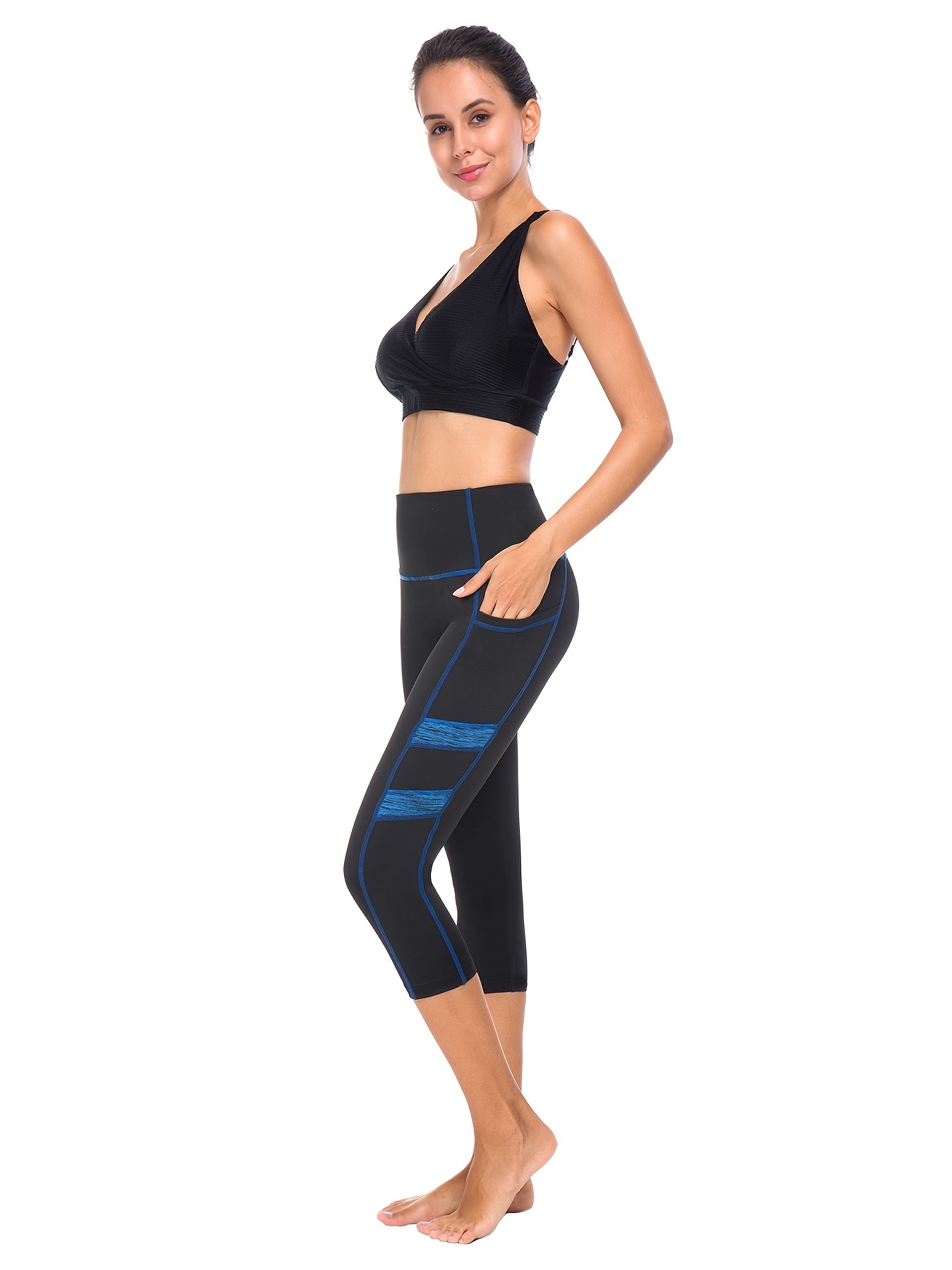 Sexy Contrast Color Capri Pants With Side Pockets For Women, Mesh Stitching  Slim Fitted Yoga Workout Sports Pants