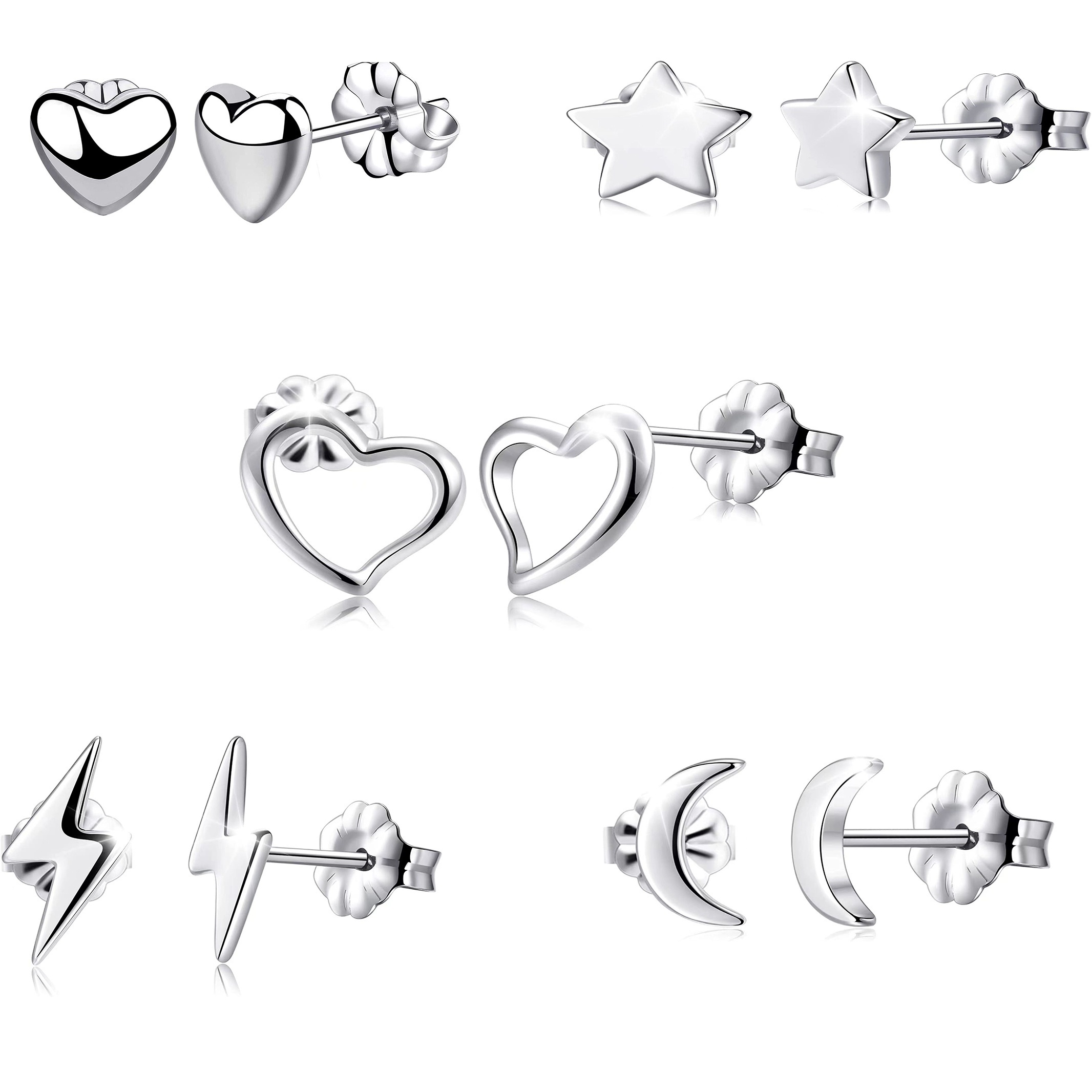 

5 Pairs Classic Hypoallergenic 316l Stainless Steel Stud Earrings, Heart Star Moon Lightning Stud Earrings With Earplugs, Gifts For Friends