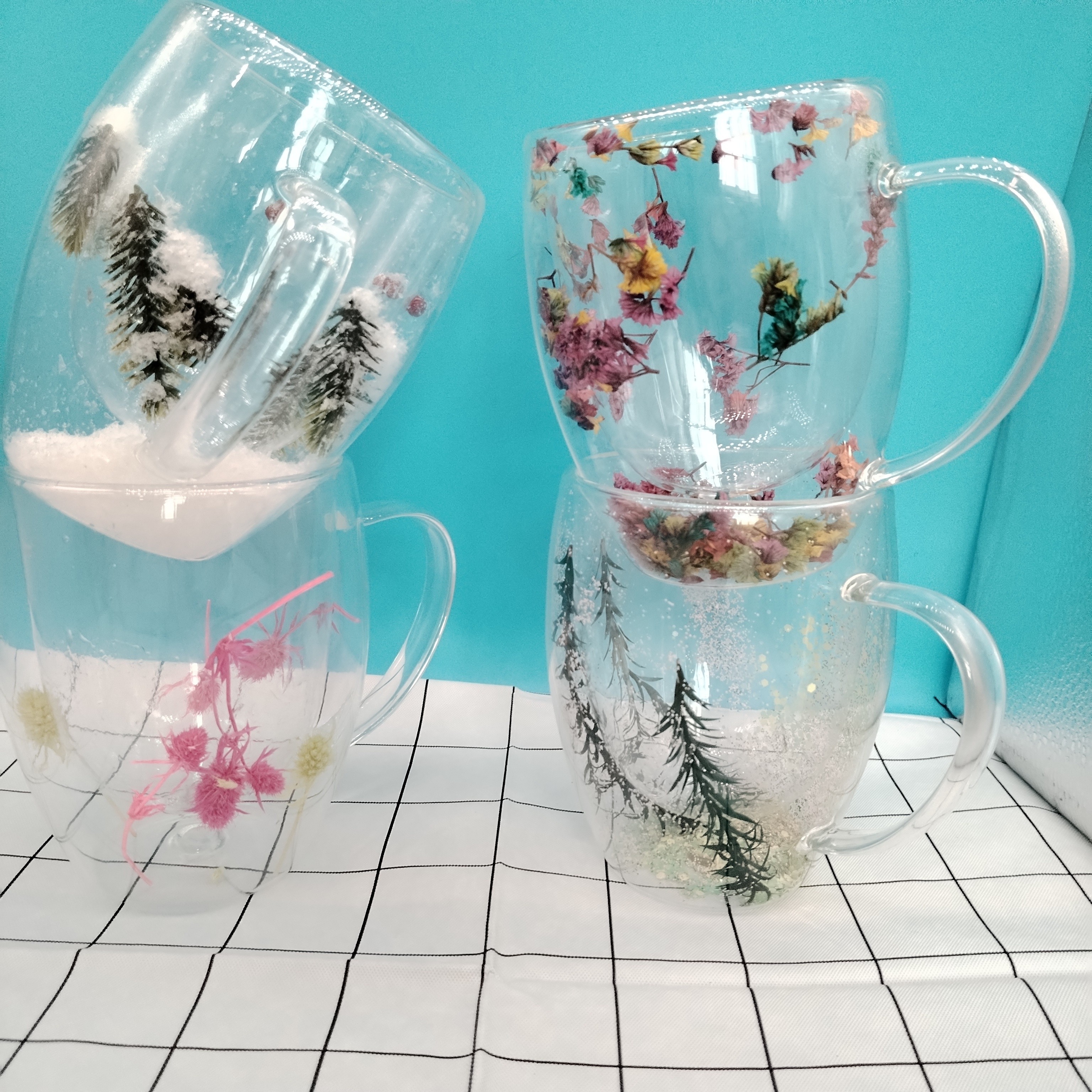 Dried Flower Double Wall Clear Glass Coffee Mugs Double Insulated
